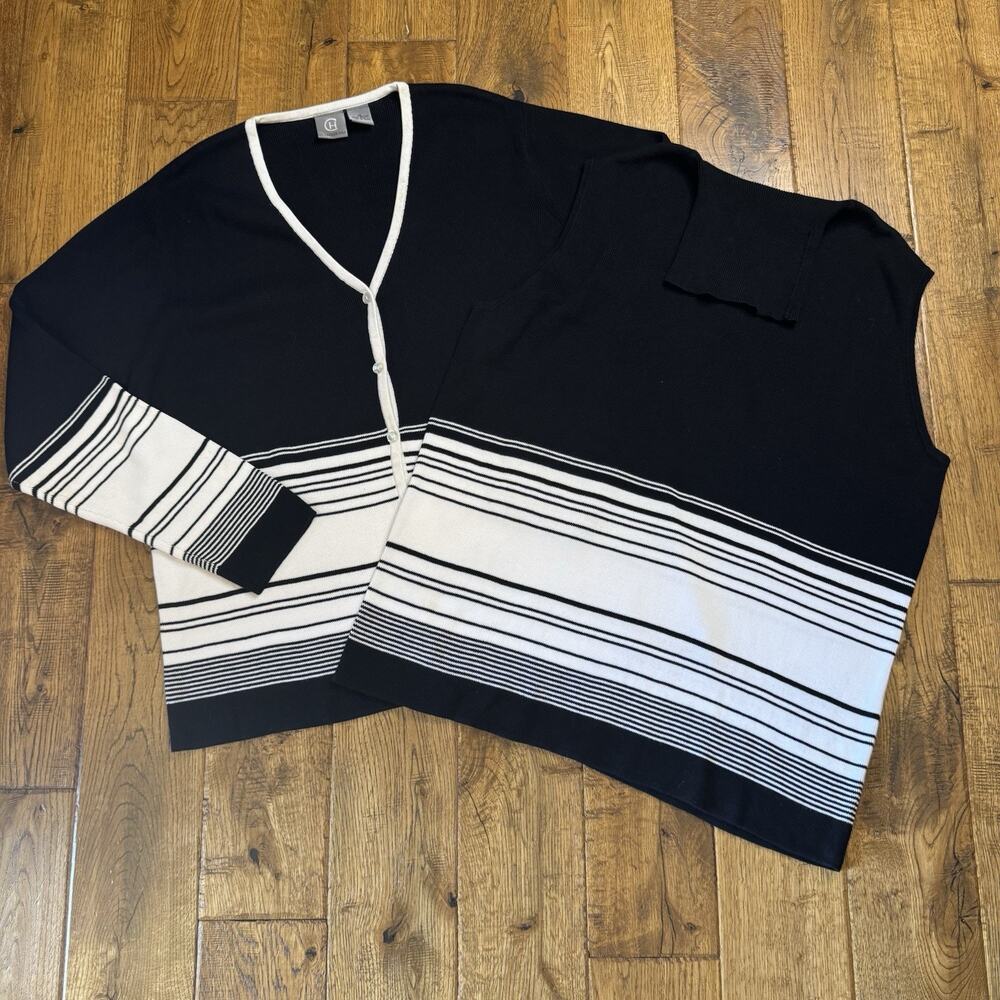 Chandler Hill Sweater Set Cardigan & Turtleneck Tank Black White Stripe Sz XL